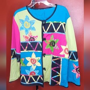 Julia Kim Multicolor Color Block Patchwork Applique Toggle Button Jacket Women